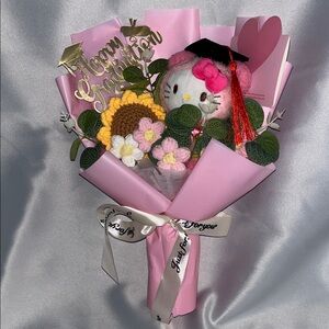 Pink Graduation knitted Bouquet with Hello kitty plush